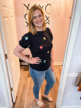 Load image into Gallery viewer, Embroidered Flower Short Sleeve Black Top
