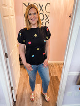Load image into Gallery viewer, Embroidered Flower Short Sleeve Black Top
