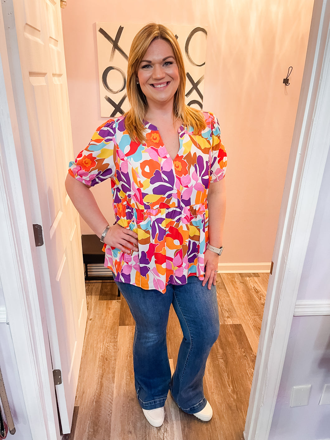 Plus Size Multi-Colored Floral Abstract Top (Sizes: 1XL-4XL)
