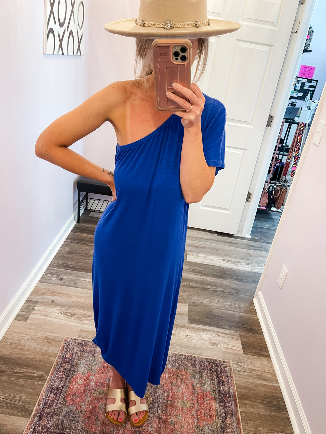 One Sided Shoulder Maxi Dress With Side Slit