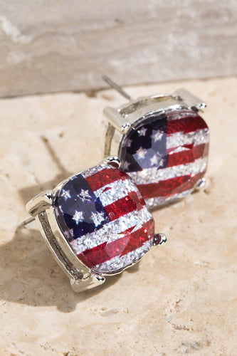 Silver Colored American Flag Stud Earrings