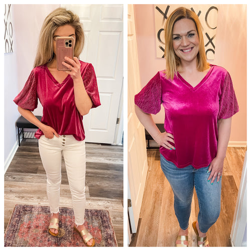 Purple Velvet Like V Neck Top
