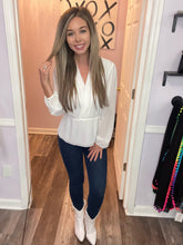 Load image into Gallery viewer, White Surplice Peplum Long Sleeve Top

