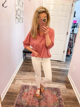 Load image into Gallery viewer, Rose Colored V Neck Smocked Sleeve Top
