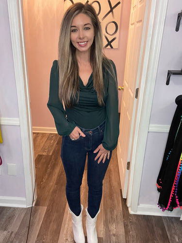 Green Sheer Long Sleeve Cowl Neck Bodysuit