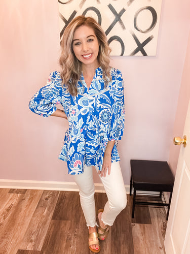 Lilly Inspired Mixed Blues Floral Lace Trim Top