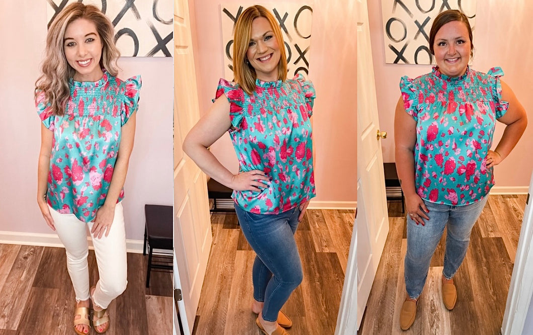 Green & Pink Floral Top Smocked Flutter Sleeve Top (S-3XL)