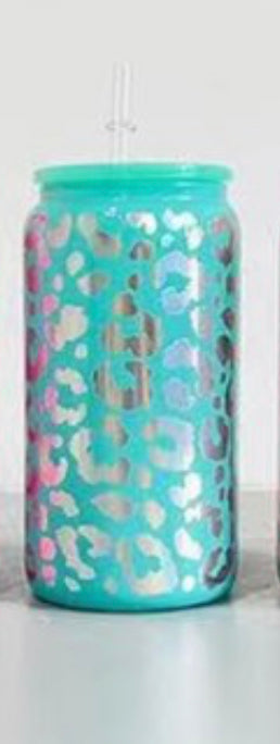 Mint Leopard Glass Cup WITH Lid & Straw
