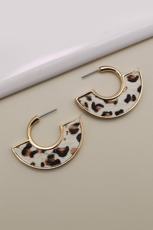 Faux Fur White Leopard Print Gold Rim Hoop Earrings