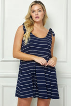 Load image into Gallery viewer, Plus Size Navy &amp; White Striped Dress With Faux Tie Shoulders
