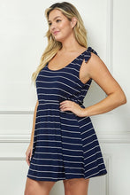 Load image into Gallery viewer, Plus Size Navy &amp; White Striped Dress With Faux Tie Shoulders
