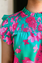 Load image into Gallery viewer, Green &amp; Pink Floral Top Smocked Flutter Sleeve Top
