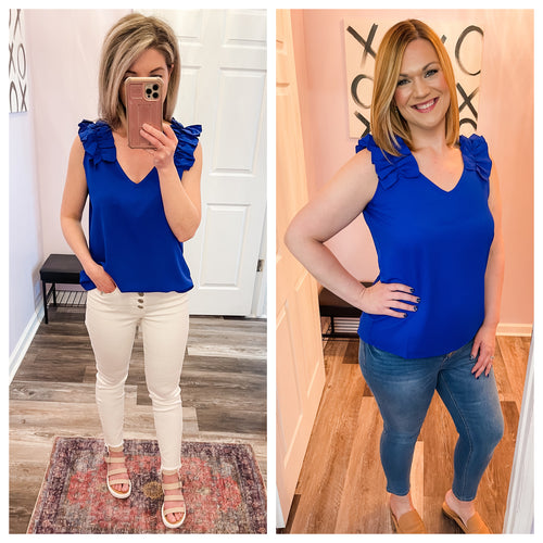 Royal Blue Ruffled Trim Top (Sizes: S-3XL)