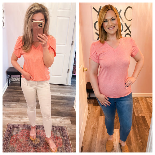Salmon Pink Petal Sleeve V Neck Top