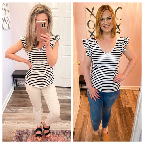 Black & White Ruffled Sleeve Tie Back V Neck Top