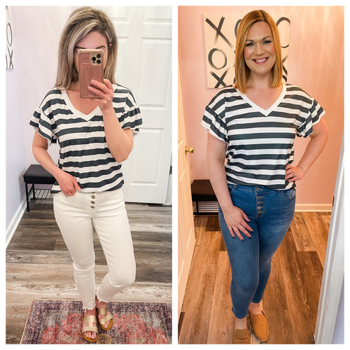 Green & White Striped Ruffled Sleeve Top