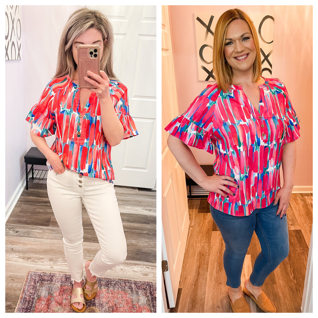Multi Colored Abstract V Neck Buttoned Top