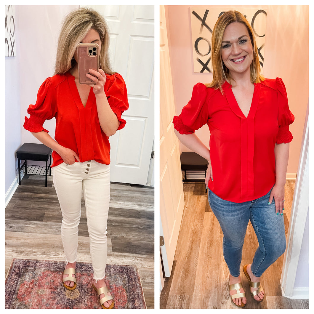 Red Half Smocked Sleeve Top