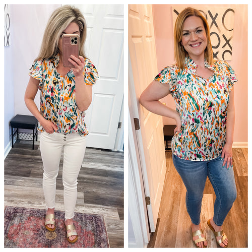 Multi Colored Abstract V Neck Ruffle Sleeve Top