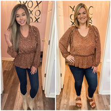 Load image into Gallery viewer, Antique Brown Dark Mauve Floral Print Ruffled Long Sleeve Top (Sizes: S-3XL)
