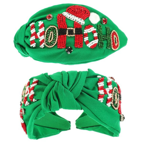 Candy Cane HO HO HO Green Jeweled Headband 