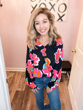 Load image into Gallery viewer, Black &amp; Colorful Floral Print Long Sleeve Top
