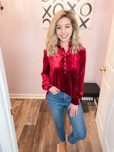 Load image into Gallery viewer, Dark Red Velvet Feeling Buttoned Long Sleeve Top
