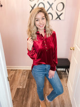 Load image into Gallery viewer, Dark Red Velvet Feeling Buttoned Long Sleeve Top
