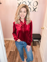 Load image into Gallery viewer, Dark Red Velvet Feeling Buttoned Long Sleeve Top
