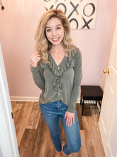 Load image into Gallery viewer, Olive Ruffled Wooden Button Down Long Sleeve Top
