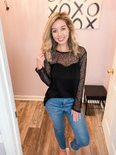 Load image into Gallery viewer, Black Leopard Mesh Long Sleeve Sweetheart Top
