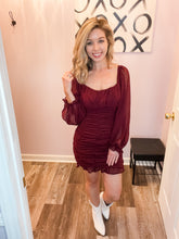Load image into Gallery viewer, Burgundy Swiss Dot Long Sleeve Ruched Mini Dress
