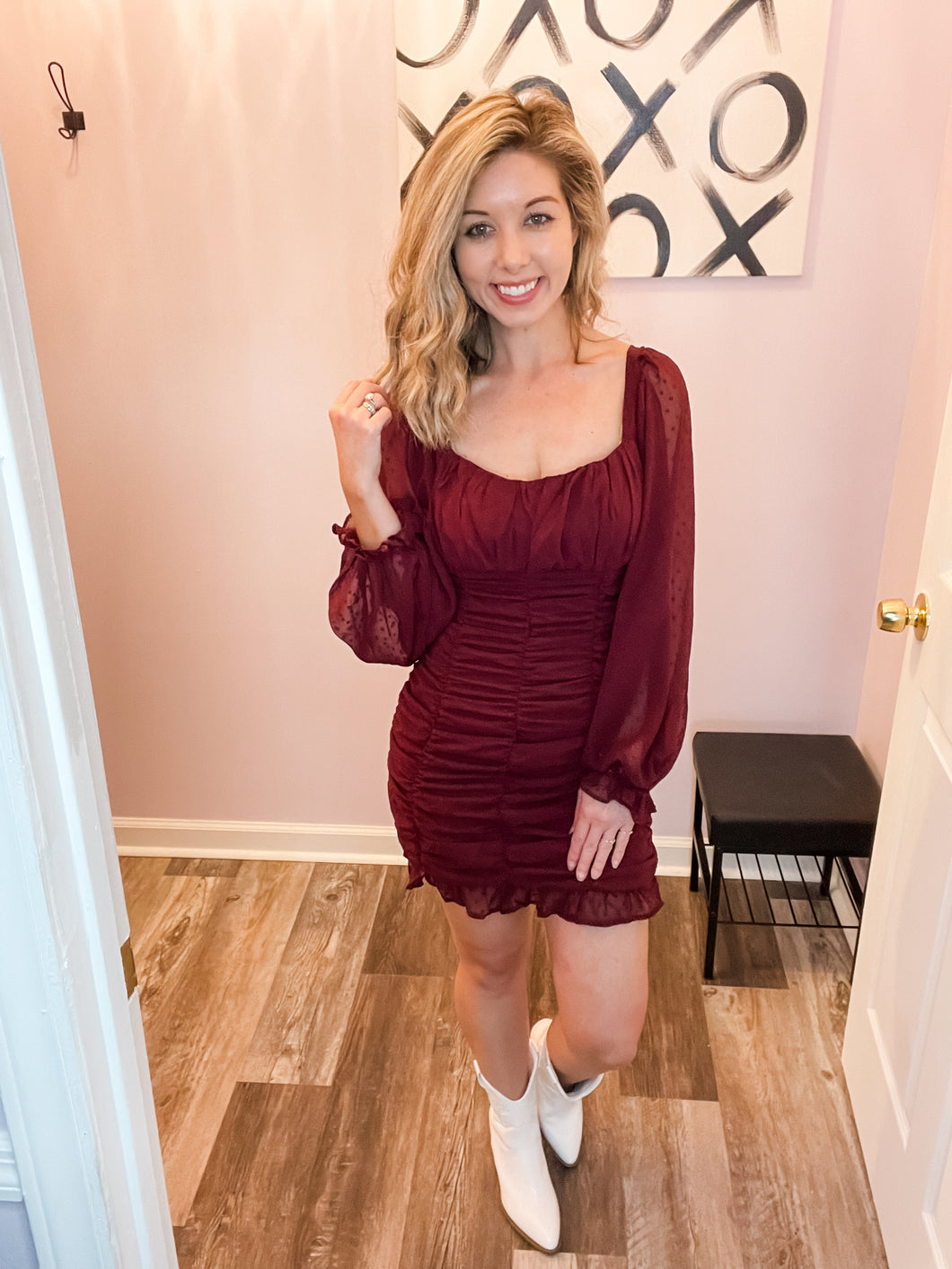 Burgundy Swiss Dot Long Sleeve Ruched Mini Dress