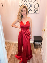 Load image into Gallery viewer, Red Satin Feeling Side Slit Maxi Dress
