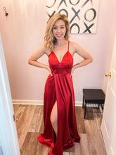 Load image into Gallery viewer, Red Satin Feeling Side Slit Maxi Dress
