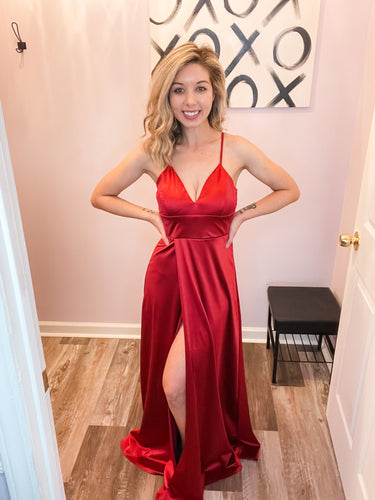 Red Satin Feeling Side Slit Maxi Dress