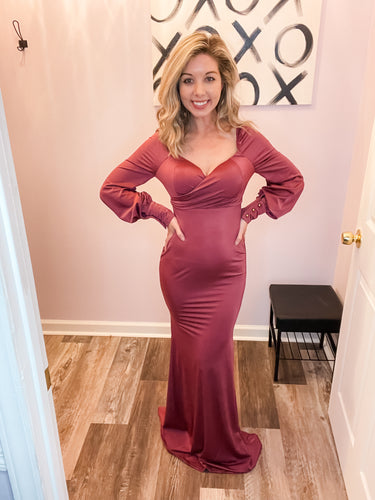 Dark Rose V Neck Long Sleeve Maxi Dress