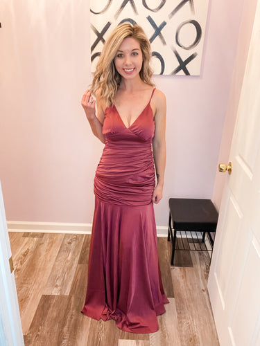 Dark Rose V Neck Spaghetti Strap Maxi Dress
