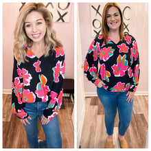 Load image into Gallery viewer, Black &amp; Colorful Floral Print Long Sleeve Top
