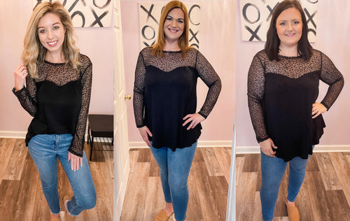 Black Leopard Mesh Long Sleeve Sweetheart Top