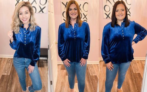 Navy Blue Velvet Feeling Buttoned Long Sleeve Top