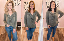 Load image into Gallery viewer, Olive Ruffled Wooden Button Down Long Sleeve Top

