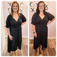 Load image into Gallery viewer, Plus Size Black Wrap Hi-Low Maxi Dress
