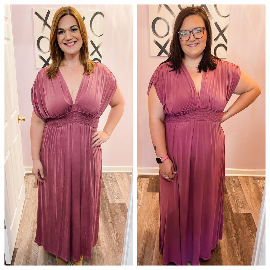 Plus Size Deep Mauve Maxi Dress With Ruched Sleeves
