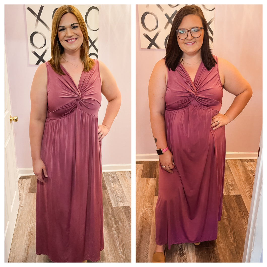 Plus Size Deep Mauve Twist Knot V Neck Maxi Dress