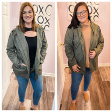 Load image into Gallery viewer, Plus Size Olive Utility Jacket With Hood
