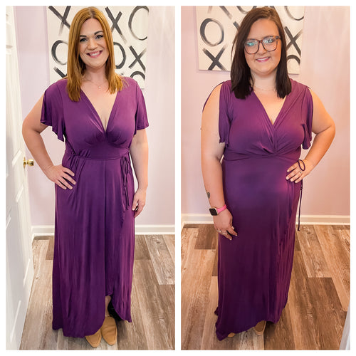 Plus Size Purple Hi-Low Wrap Around Maxi Dress With Flutter Sleeves