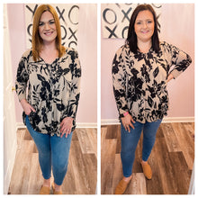 Load image into Gallery viewer, Plus Size Taupe &amp; Black V Neck Floral Top
