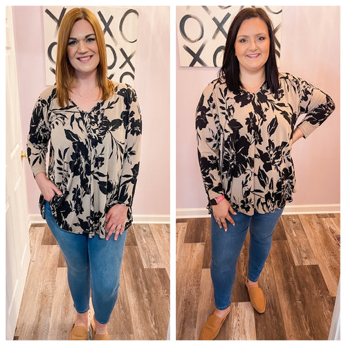 Plus Size Taupe & Black V Neck Floral Top