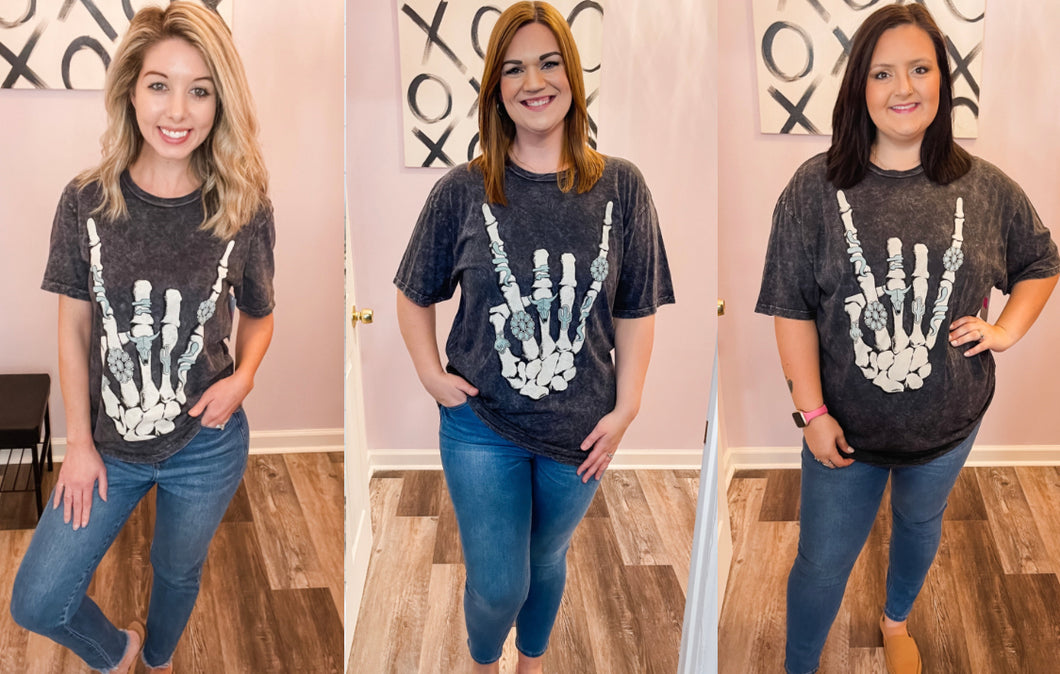 Vintage Black Mineral Washed Skeleton Rock Hand Graphic T-Shirt